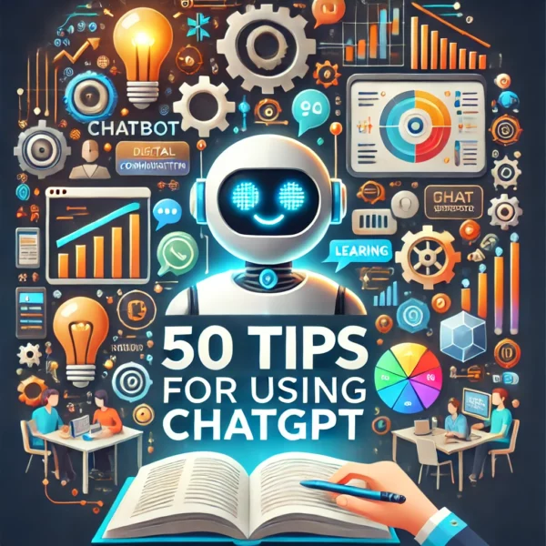 50 Tips for Using ChatGPT'. The image should feature a chatbot or AI interacting with users, alongside i