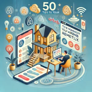 50 Tips to Manage Your Airbnb Remotely'. The image should feature a host managing an Airbnb property rem