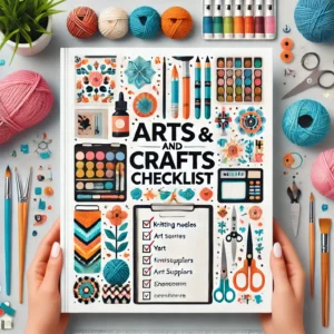 Arts and Crafts Checklist'. The image should feature symbols of various crafting activities such as knit