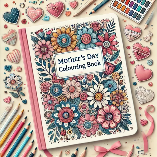 Mother's Day Colouring Book'. The image should feature soft, heartwarming designs such as flowers, heart