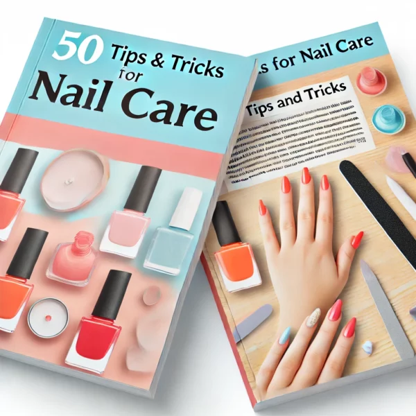 50 Tips and Tricks for Nail Care'. The image should feature elements of nail care such as nail polish bo