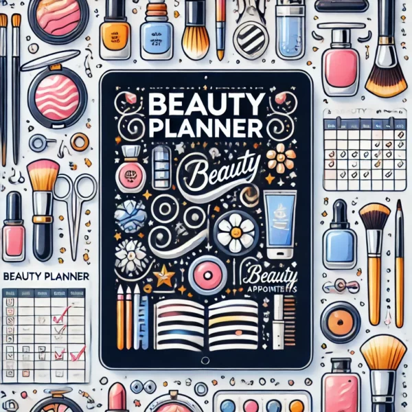 Beauty Planner'. The image should feature symbols of beauty and self-care, including skincare products,