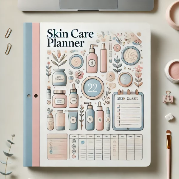 Skin Care Planner'. The image should feature symbols of skincare such as lotions, creams, serums, and or