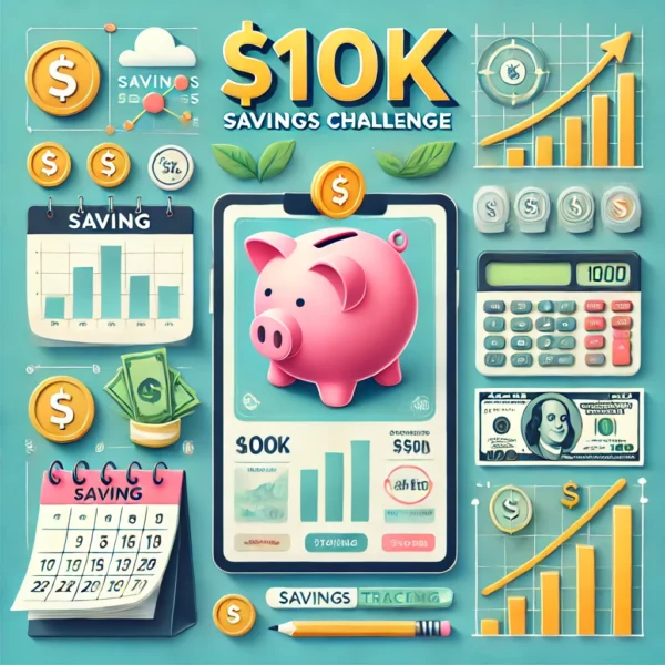 $10k Savings Challenge'. The image should feature financial elements such as a piggy bank, dollar bills,