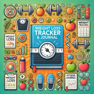 Weight Loss Tracker & Journal'. The image should feature symbols of fitness and tracking such as a scale