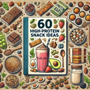 60 High Protein Snack Ideas'. The image should feature a variety of high-protein snacks like nuts, seeds