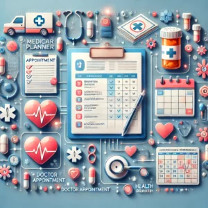 Medical Planner'. The image should feature symbols of healthcare organization, such as medication logs,