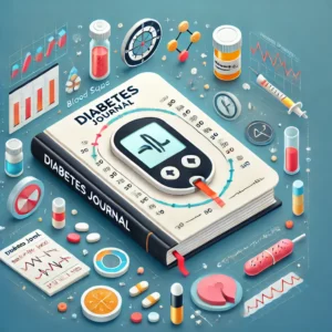 Diabetes Journal'. The image should feature symbols of diabetes management, such as blood sugar logs, me