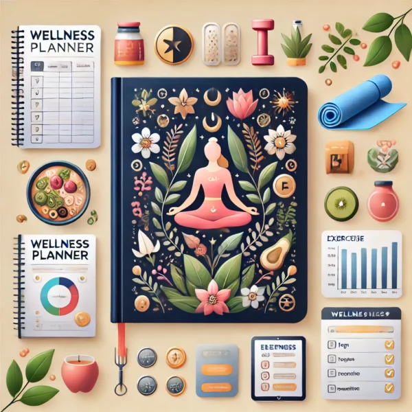 Wellness Planner'. The image should feature symbols of wellness, such as a yoga mat, healthy food, exerc