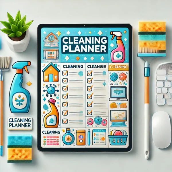 Cleaning Planner'. The image should feature symbols of home cleaning and organization, such as checklist