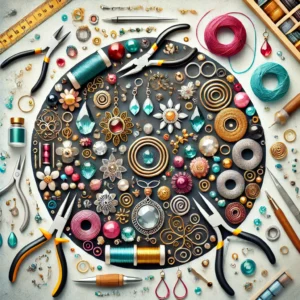 The Art of Making Jewellery'. The image should feature symbols of jewelry crafting, such as beads, wires