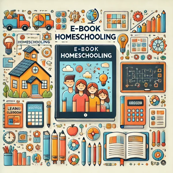 E-Book Homeschooling'. The image should include symbols of homeschooling, such as books, learning materi