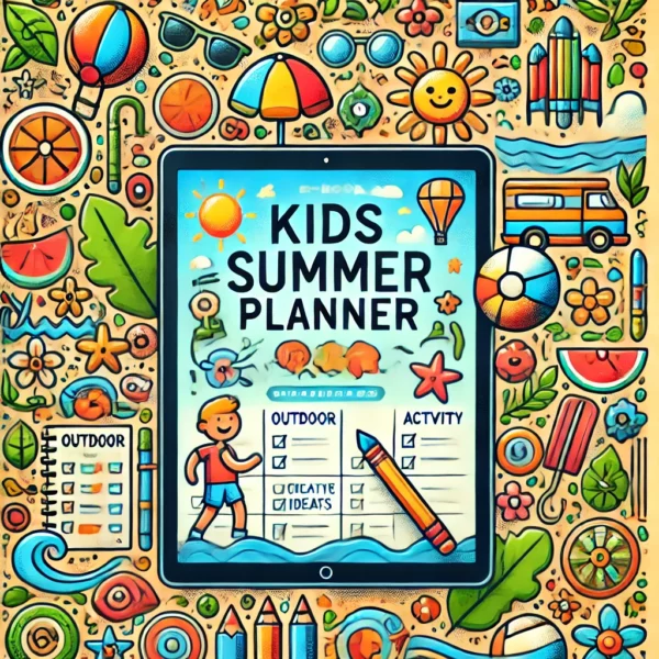 Kids Summer Planner'. The image should include symbols of summer activities for kids such as outdoor fun