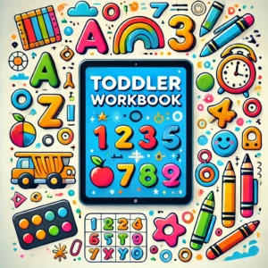 Toddler Workbook'. The image should feature symbols of early learning for toddlers, such as colorful let