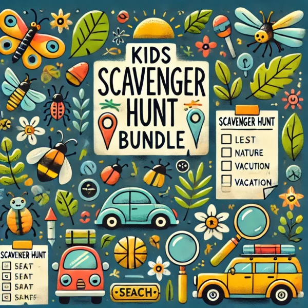 Kids Scavenger Hunt Bundle'. The image should feature symbols of scavenger hunts like a list of items to