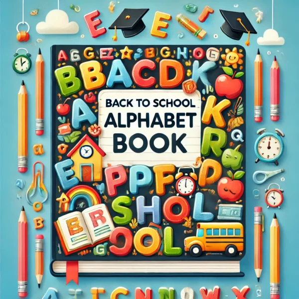 Back To School Alphabet Book'. The image should feature colorful letters, playful symbols of school such