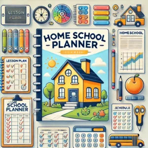 Home School Planner'. The image should feature symbols of homeschooling organization such as planners, n