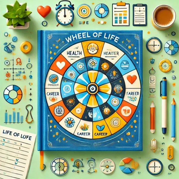 Wheel Of Life'. The image should feature symbols of personal growth and balance, such as a circular whee