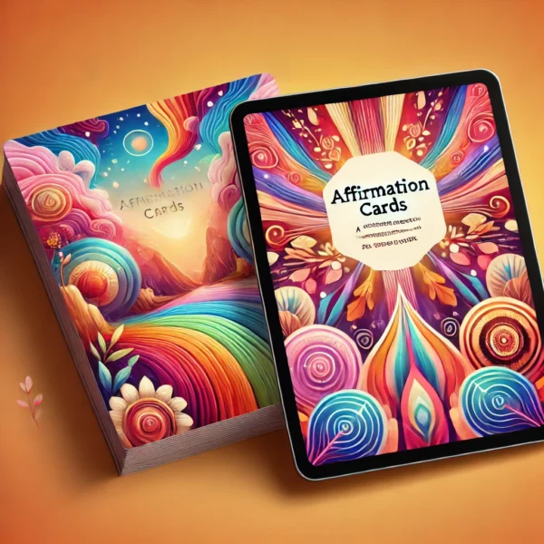 Affirmation Cards'. The image should feature colorful, uplifting visuals with cards displaying short pos