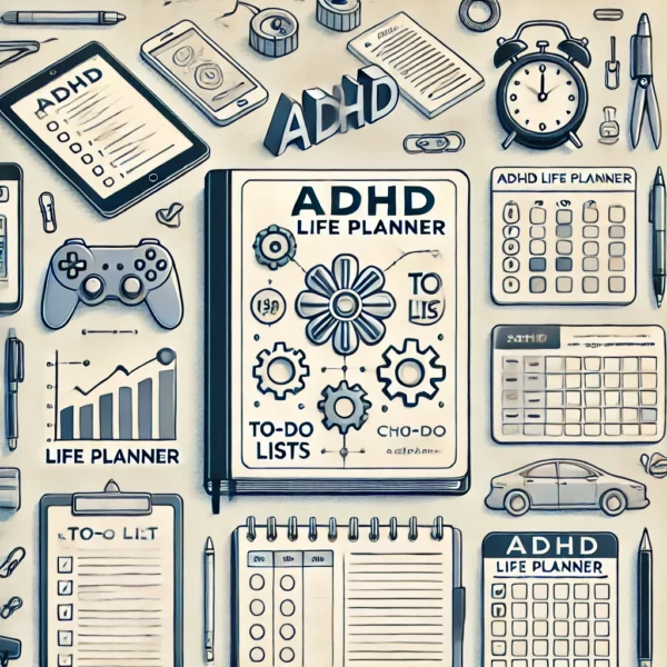 ADHD Life Planner'. The image should feature symbols of organization and productivity, such as planners,