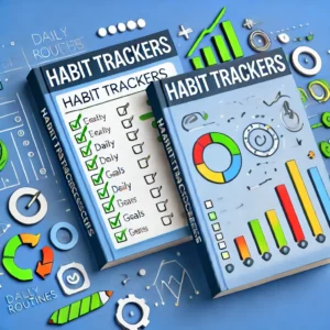 Habit Trackers'. The image should feature symbols of habit tracking and personal growth, such as checkli