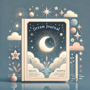 Dream Journal'. The image should include symbols of dreams and reflection, such as stars, clouds, and a