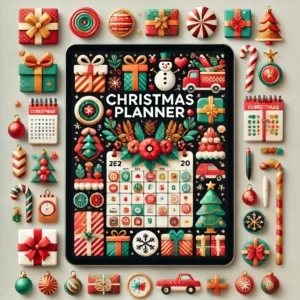 Christmas Planner'. The image should feature symbols of Christmas organization such as gift lists, calen