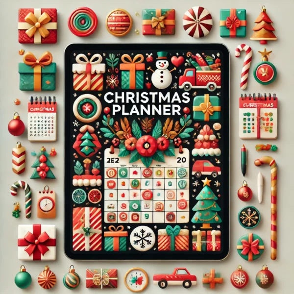 Christmas Planner'. The image should feature symbols of Christmas organization such as gift lists, calen