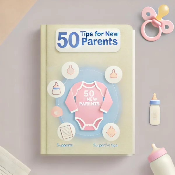 50 Tips For New Parents'. The image should feature symbols of parenting such as baby essentials, support