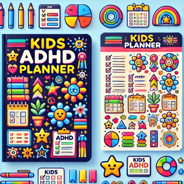 Kids ADHD Planner'. The image should feature symbols of organization and structure, such as colorful pla