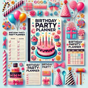 Birthday Party Planner'. The image should feature festive visuals such as balloons, party hats, cakes, a