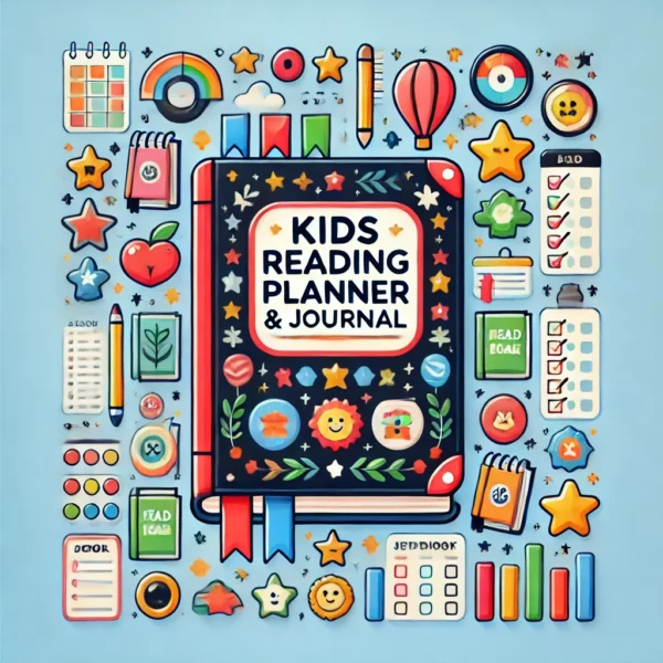 Kids Reading Planner & Journal'. The image should include symbols of reading, such as books, bookmarks,