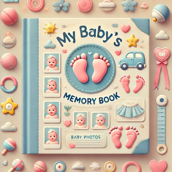 My Baby's Memory Book'. The image should include symbols of baby milestones, such as baby photos, footpr