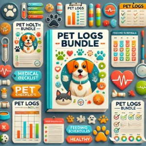 Pet Logs Bundle'. The image should feature symbols of pet health and care, such as medical checklists, f