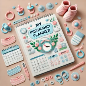 My Pregnancy Planner'. The image should feature symbols of pregnancy organization, such as calendars, ch