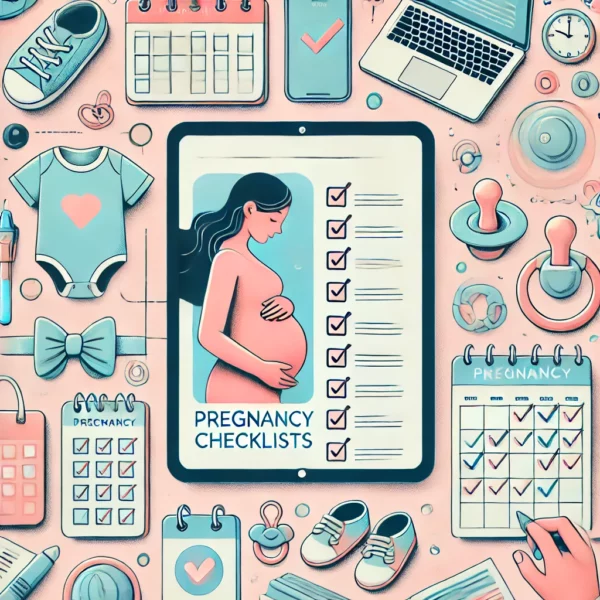 Pregnancy Checklists'. The image should feature symbols of pregnancy organization, such as checklists, c