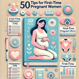 50 Tips For First-time Pregnant Women'. The image should feature symbols of pregnancy tips, such as list