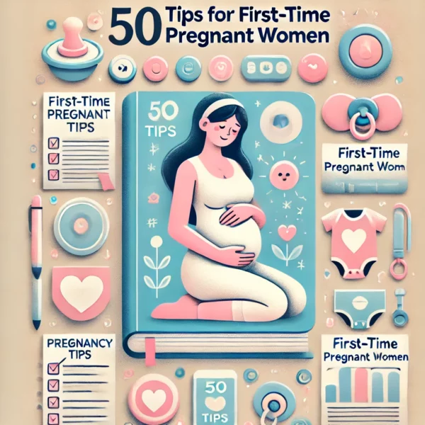 50 Tips For First-time Pregnant Women'. The image should feature symbols of pregnancy tips, such as list