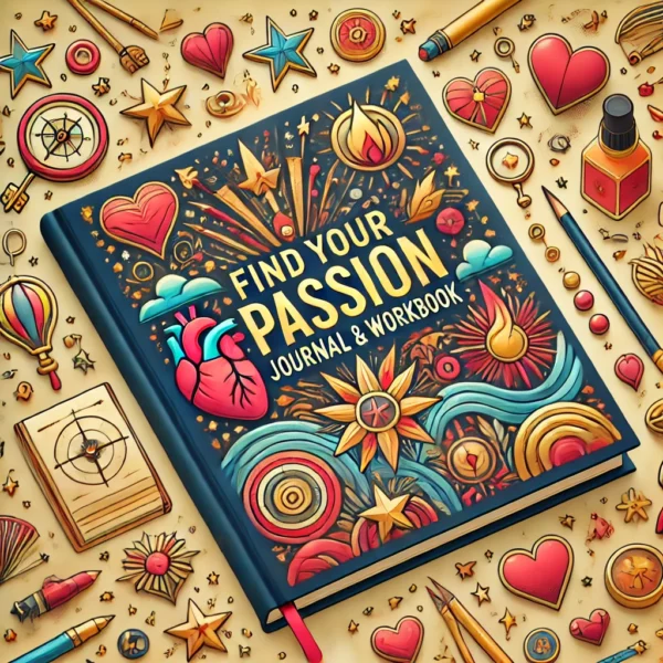 Find Your Passion Journal & Workbook'. The image should feature symbols of self-discovery and personal g