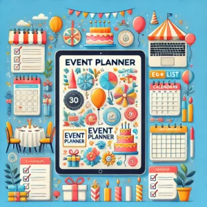 Event Planner'. The image should feature symbols of event planning, such as checklists, calendars, party