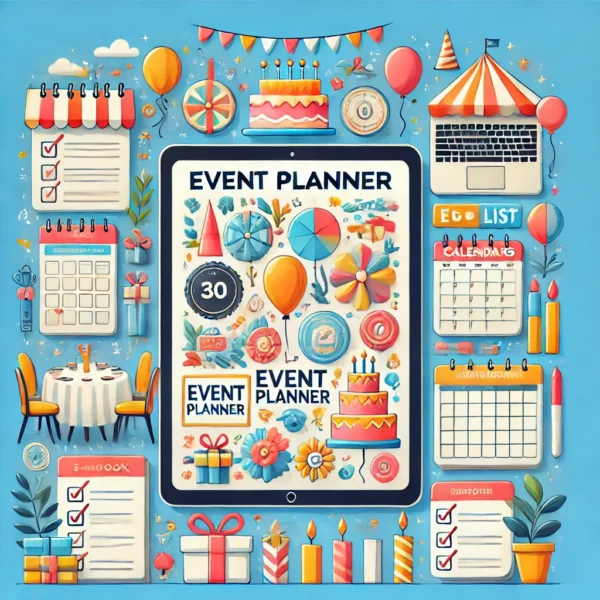 Event Planner'. The image should feature symbols of event planning, such as checklists, calendars, party