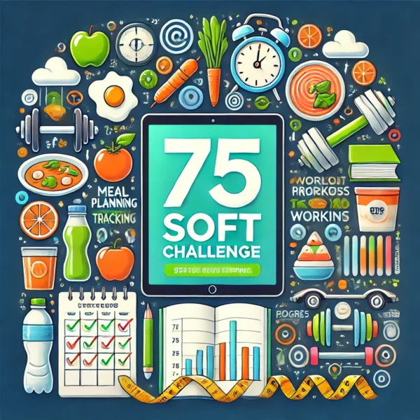 75 Soft Challenge'. The image should feature symbols of meal planning, workouts, progress tracking, and