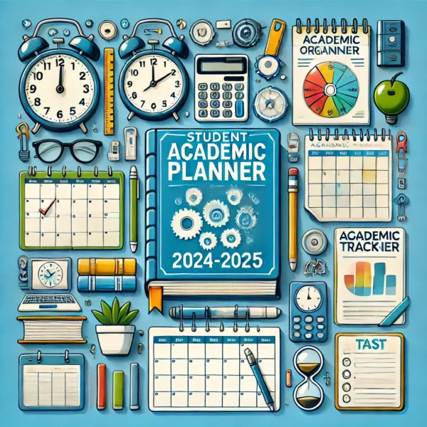 Student Academic Planner 2024-2025'. The image should include symbols of academic organization, such as