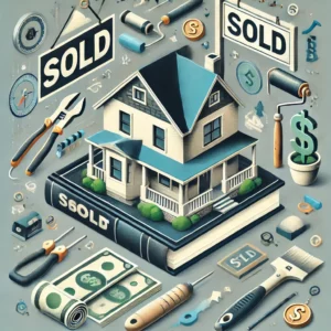 Guide to Flipping Houses for Profit'. The image should feature symbols of real estate flipping, such as