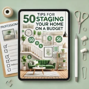 50 Tips For Staging Your Home on a Budget'. The image should include symbols of home staging, such as fu