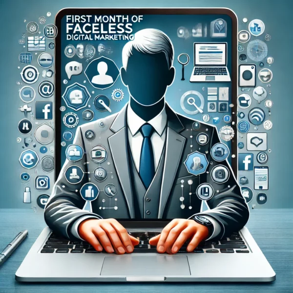 First Month of Faceless Digital Marketing'. The image should include symbols of digital marketing, such