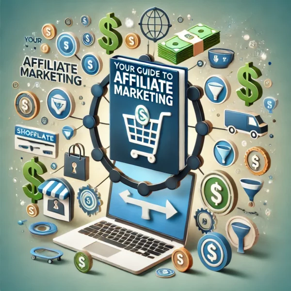 Your Guide To Affiliate Marketing'. The image should include symbols of online marketing, such as dollar