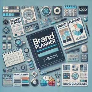 Brand Planner'. The image should include symbols of branding, such as a logo design process, color palet