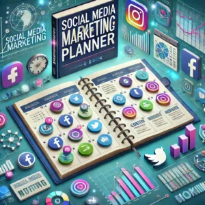 Social Media Marketing Planner'. The image should include visuals like a planner or calendar with icons