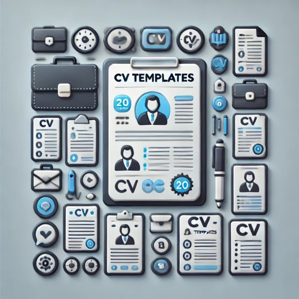 CV Templates'. The image should include symbols of job applications, resumes, and professional documents